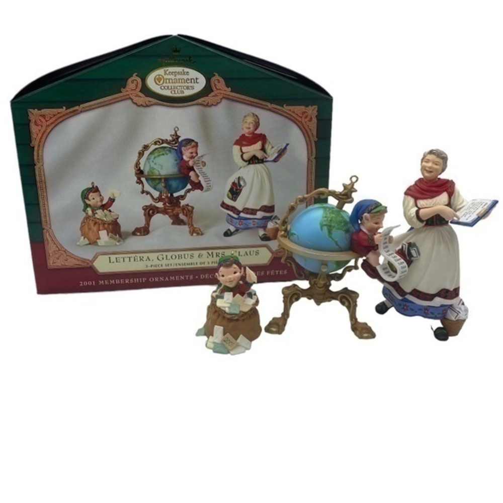 Hallmark Vintage Keepsake Lettera, Globus & Mrs. Claus 3 Piece Ornaments 2001